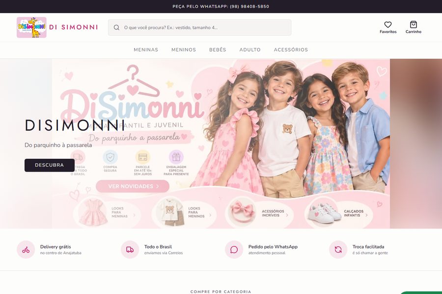 Página inicial da loja Disimonni, com a vitrine de roupas infantis.
