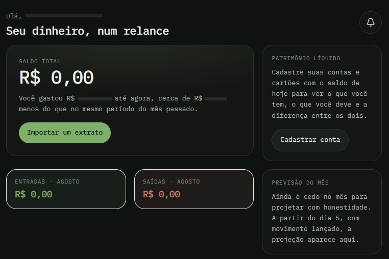 Prévia do painel inicial do MeuFinanceiro.